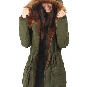 Winter Faux Fur Hooded Long Coat for Women, Army Green, Size 6